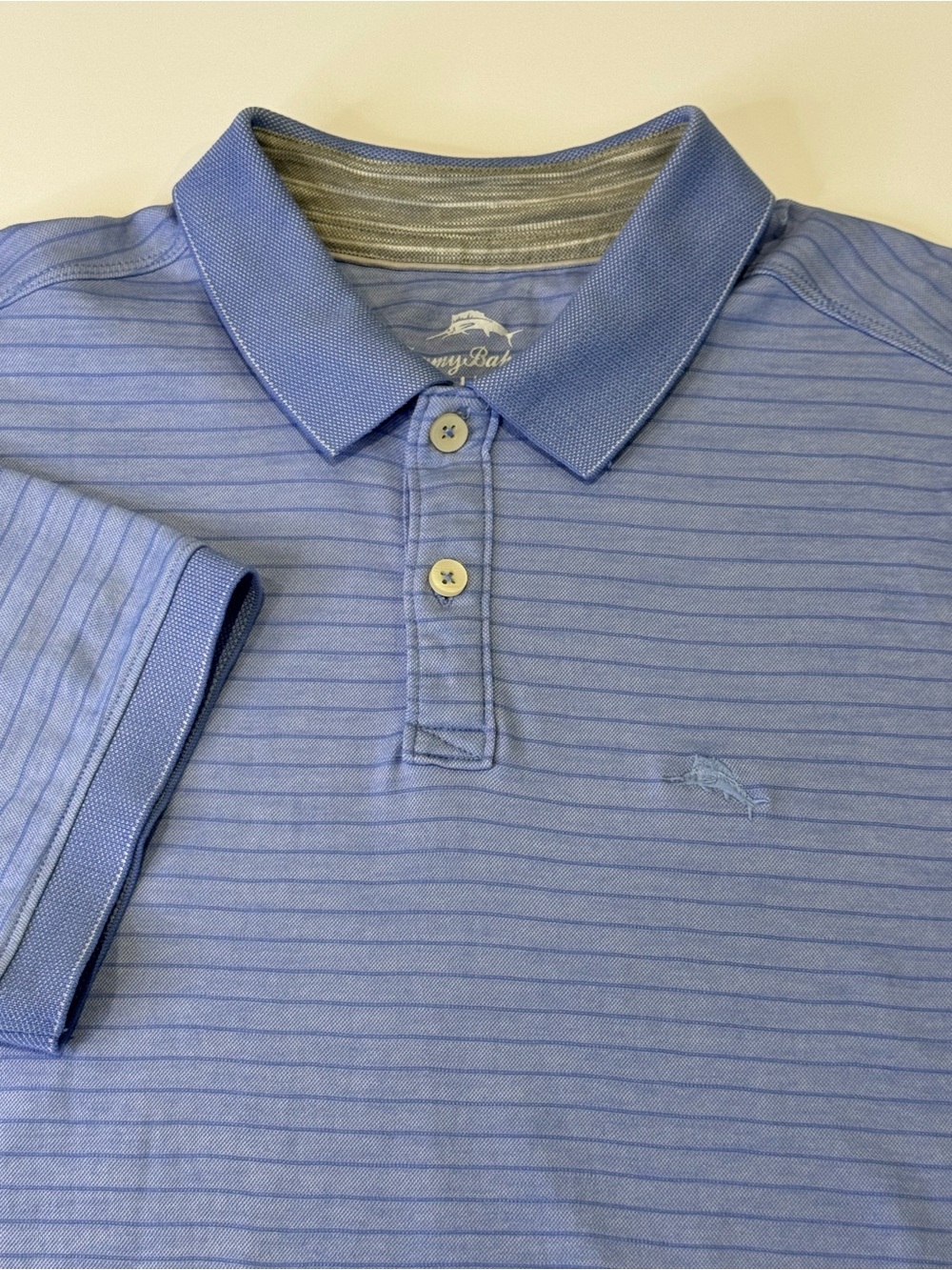Tommy Bahama Men's Large Short Sleeve Polo Blue Striped Golf Resortwear Preppy